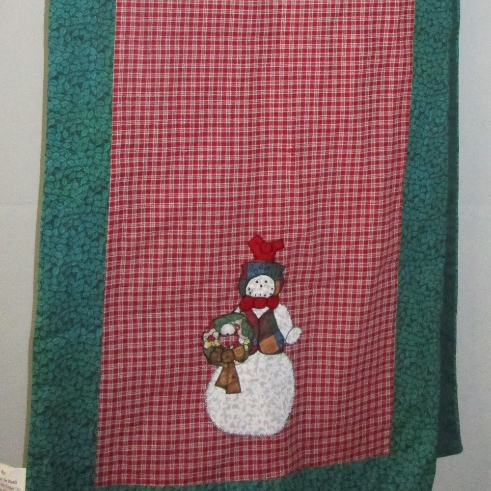 Red Plaid and Green Leaves Table Runner w/ Snowman Applique Holiday